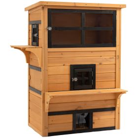 PawHut 3-Tier Cat House Feral Cat House, Outdoor Kitten Condo with Raised Floor, Asphalt Roof, Escape Door, Jumping Platform, Yellow