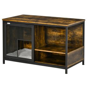 PawHut Cat Kennel End Table with Cushion Sliding Doors Wood Steel Pet Crate Rustic Brown