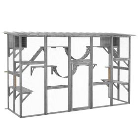 PawHut Outdoor Cat Cages Enclosures, Wooden Outdoor Cat House, Weather Protection Roof, Cat Shelter Kitten Playpen with Shelves & Bridges