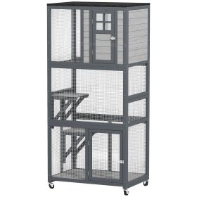PawHut 74" Wooden Outdoor Cat House Catio with High Weight Capacity, Cat Cage Condo, Light Gray