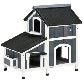PawHut Outdoor Cat House with Flower Pot, 2-Story Feral Cat House with Weather Resistant Roof, Wooden Cat Shelter with Window, Multiple Entrances