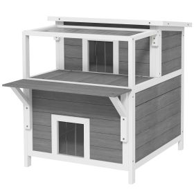 PawHut Weatherproof Outdoor Cat Shelter, Two Story Cat House with Balcony, Openable Top, Escape Door, Removable Panel & Floor