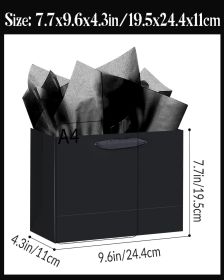 5PCS Black Gift Bags with Ribbon Handles 9.6"x7.9"x4.3" Medium Size Gift Bags (10PCS Tissue Paper included, Medium Wide)