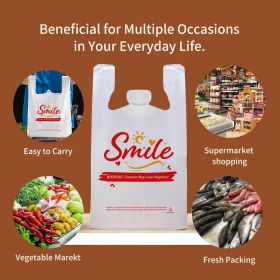 300 Pack White Smile Plastic Bag - 11.5"x6.5"x21" T-Shirt Grocery Bags with Handles, Cheerful Alternative to Thank You Bags, Bulk for Retail