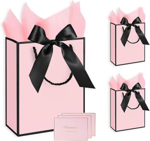 Gift Bags 3 Pcs Medium Size Paper Gift Bags with Tissue Paper and Handles,Bow Ribbon and Greeting Cards, 8" x 5" x 10", Pink