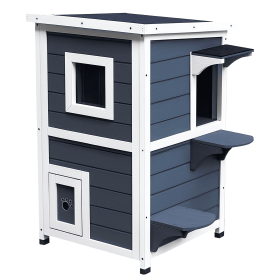 PawHut Outdoor Cat House with Escape Door, Weatherproof 2-Story Wooden Feral Cat Shelter with Opening Asphalt Roof, Dark Gray