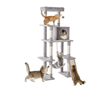 63-inch Cat Tree Tower, Large Multi-story Cat Climbing Tower, Natural Sisal Grabber Posts, Extended Platform, Hammock (Option: Light Grey)