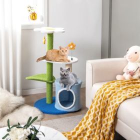 34.5 Inch 4-Tier Cute Cat Tree with Jingling Balls and Condo (Color: Blue)